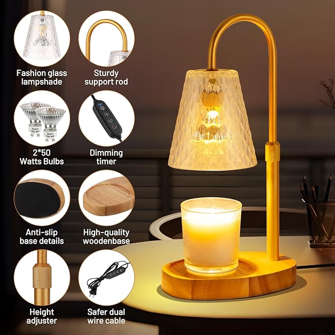 Candle Warming Lamp with Timer : Adjustable Light Level Adjustable Height Flameless Safety Candle Lamps - Jar Candles Home Decoration White