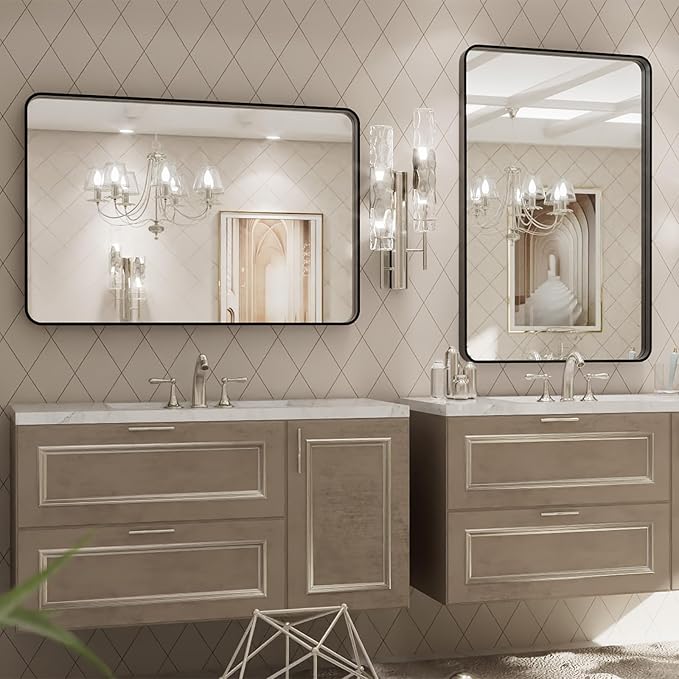 LOAAO 20X30 Inch Black Metal Framed Bathroom Mirror for Wall, Matte Black Bathroom Vanity Mirror Farmhouse, Large Rounded Rectangle Mirror, Anti-Rust, Hangs Horizontally or Vertically