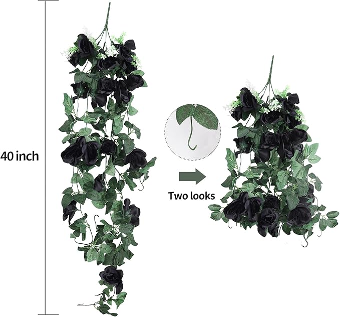RECUTMS Artificial Rose Vine Hanging Plants 4Pieces 3.3Ft Flowers for Home Room Garden Wedding Indoor Outdoor Decoration (Black)