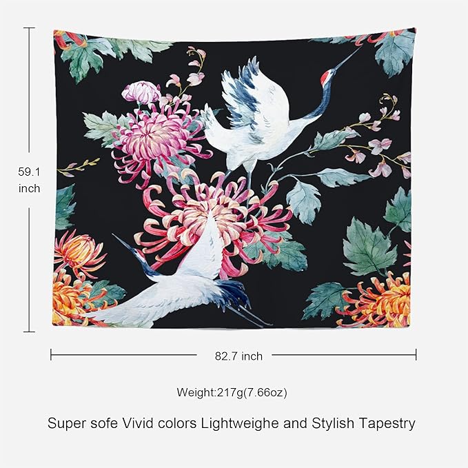 Batmerry Red Green Cranes Floral Leaves Tapestry, Traditional Japanese Watercolor Sytle Design Tapestry for Living Room Bedroom Wall Hanging Decorative 59.1x82.7 Inch