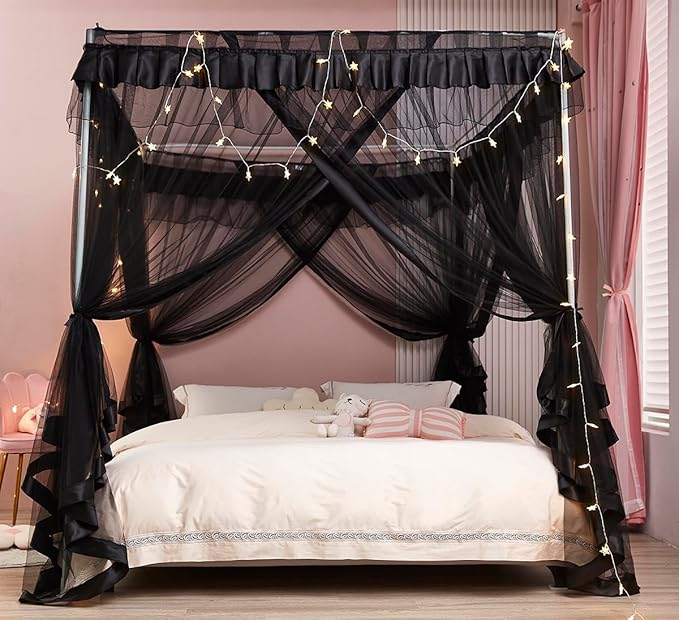 Mengersi Canopy Bed Curtains Bed Canopy Royal Luxurious Cozy Drapes Netting- Elegant Bed Sheer Bedroom Decoration Accessories for Adults,Black,California King