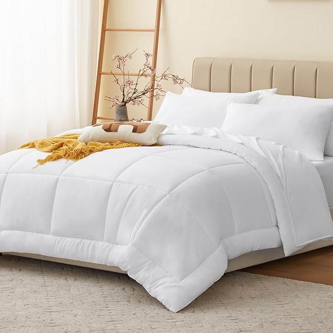 CozyLux Full Size Comforter Sets White, 7 Pieces Bed in a Bag, White Comforter Full Size, All Season Bedding Sets with Stitch Quilted Comforter, Flat Sheet, Fitted Sheet, Pillowcases