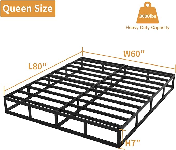 Queen Box Spring, 7 Inch Box Spring for Queen Bed, 3000 lbs Heavy Duty Metal Frame Mattress Foundation with Fabric Cover, Easy Assembly-Noise Free