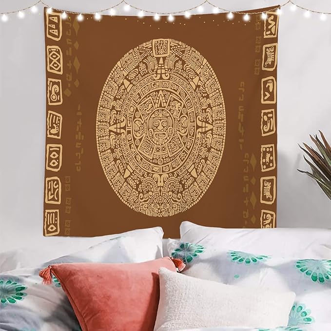 Batmerry Brown Ancient Mayan Tapestry, Calendar Wall Art Hanging Decoration Polyester Fiber White Ruffled Around for Dorm Room Bedroom Living Room, 59.1x59.1 inches