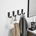 BESy Brass Clothes Hook Single Towel Hook for Bathroom Kitchen Garage Square Style Robe Hooks Coat Hooks Hat Hook, Self Adhesive with Glue or Wall Mounted with Screws, Four Packs, Matte Black