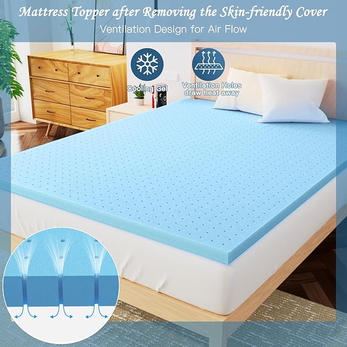 Airensky 2 Inch Memory Foam Mattress Topper, Cooling Gel Infused High Density King (76"x80") Topper with Removable Skin-Friendly Cover, Bed Topper for Pressure Relief Back Pain, CertiPUR-US Certified