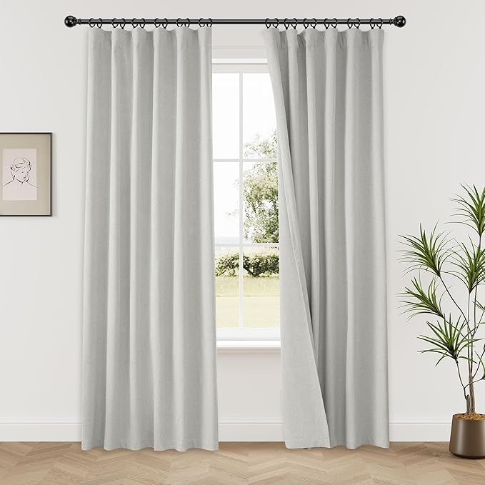 KangBang Light Grey Blackout Linen Curtains 84 Inches Long for Living Room Bedroom, Back Tab Loop Pocket Pleated Room Darkening Curtains Baby Sleep Friendly for Track System 7 FT,52Wx84L,2 PCs