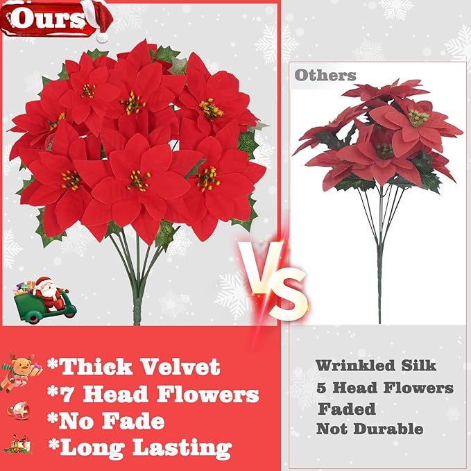 16 Pack Poinsettia Flowers Artificial Christmas Decorations, Red Poinsettia Flowers for Christmas Tree, Velvet Poinsettias Artificial Flowers for Xmas Decor DIY for Home Vase Indoor Outdoor Garden