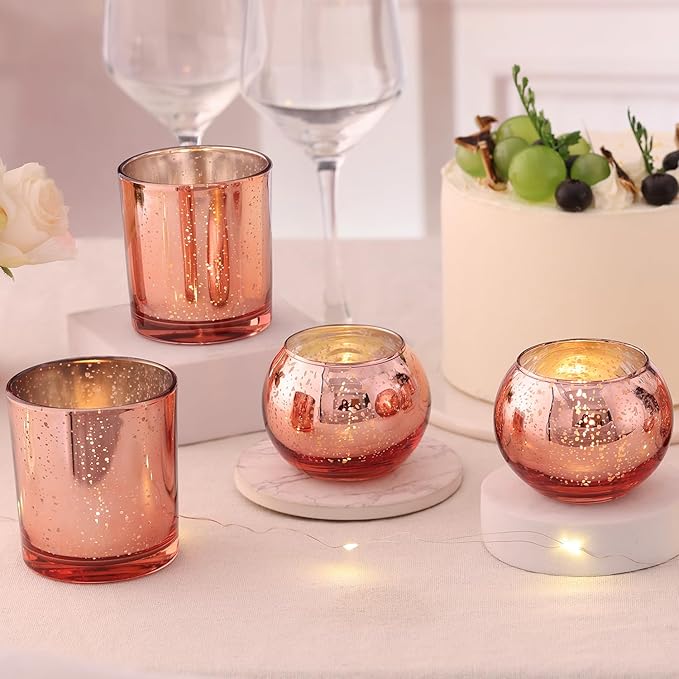 10 Pcs Assorted Rose Gold Candle Holders, Larger Size Mercury Glass Votives for Wedding, Rose Gold Birthday Decorations, Votive Candle Holders for Valentines/Bridal Shower/Sweet 16 Party Favors