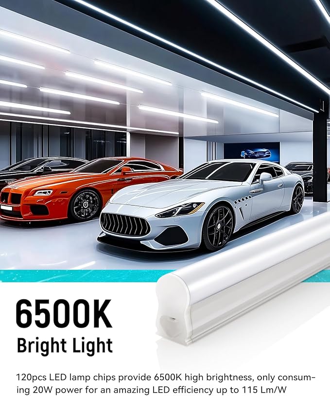 (4 Pack) 4FT T5 LED Shop Light,6500K,20W,2300LM(Super Bright White) Linkable LED Integrated Fixture,Garage Ceiling and Cabinet Light,Strip Light,Corded Electric with ON/Off Switch