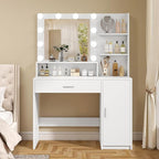 Quimoo Makeup Vanity Desk with Mirror & Lights, Vanity Desk with 5 Drawers & Storage Shelves, Vanity Table, 3 Color Modes & Adjustable Brightness Dressing Table, Bedroom, White