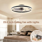 VOLISUN Low Profile Ceiling Fans with Lights and Remote, 23.6in Flush Mount Ceiling Fans with Light, 3000K-6500K Dimmable Fandelier LED Fan Light, Black Bladeless Ceiling Fans with Lights for Bedroom