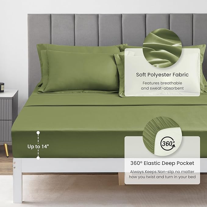 Love's cabin King Size Comforter Set Olive Green, 7 Pieces King Bed in a Bag, All Season Bedding Sets with 1 Comforter, 1 Flat Sheet, 1 Fitted Sheet, 2 Pillowcase and 2 Pillow Sham