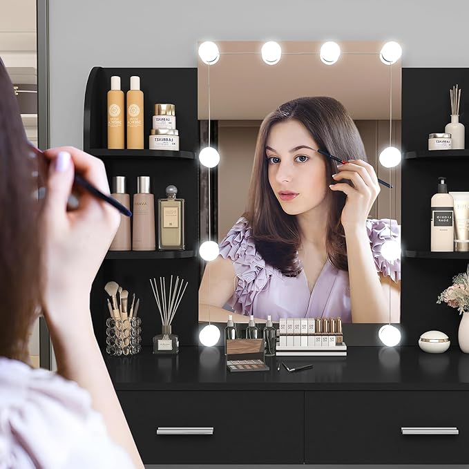 usikey Vanity Desk with Mirror & Lights, Makeup Vanity Table with 2 Large Drawers, 6 Storage Shelves & Stool, Bedroom Dressing Vanity Table with 3 Color Light Adjustable, Black