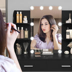 usikey Vanity Desk with Mirror & Lights, Makeup Vanity Table with 2 Large Drawers, 6 Storage Shelves & Stool, Bedroom Dressing Vanity Table with 3 Color Light Adjustable, Black