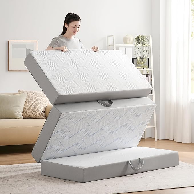 Foldable Mattress Queen 6 inch -Portable White Memory Foam Folding Matress with Washable Cover for Camping Travel Guest Room Home Use-Non-Slip&Easy Storage