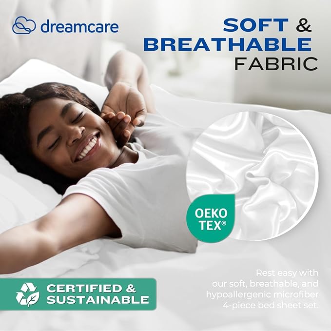 DREAMCARE Queen Size Sheets - Cooling Bed Sheets - 4pcs Set - up to 15" Deep Pocket Queen Sheet Set - Sheets Queen Size Bed - Soft & Long Lasting 100% Fine Brushed Polyester with Side Pocket - White