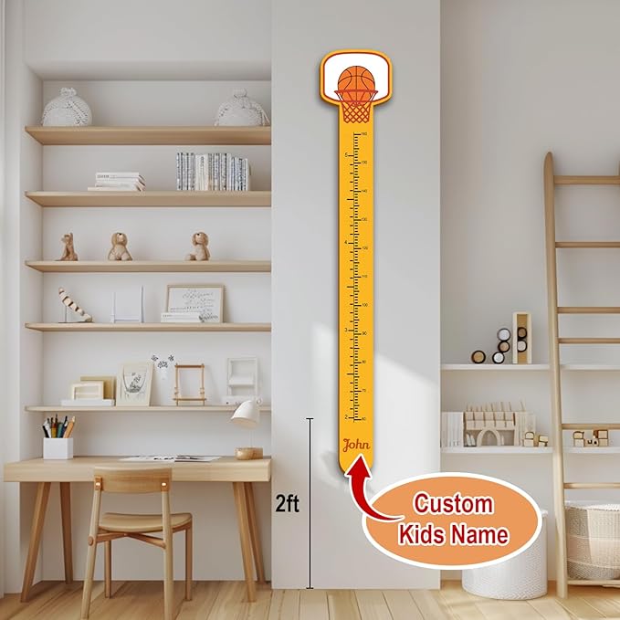 Personalized Growth Chart for Wall, Wooden Height Chart for Kids, Cute Height Measurement for Child/Girls/Boys, Baby and Toddler's Playroom/Kid's Room/Nursery Decor, Basketball