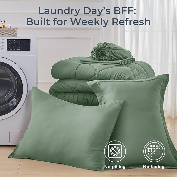HEVUMYI Sage Green Twin-XL Comforter Set - 5-Piece All Season Bed in a Bag Twin-XL, Ultra Soft Bedding Set with Comforter, Flat Sheet, Fitted Sheet, Pillowcases, Pillow Shams, Sage Green