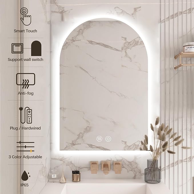 Niccy Arched LED Bathroom Mirror, 48x24 Inch Arch Frameless Backlit Mirrors for Wall Arched Lighted Vanity Mirrors Defogger and 3 Color, Explosion-Proof, HD Glass and IP65 Waterproof