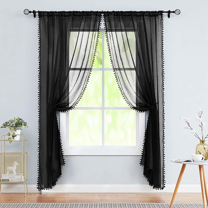 Treatmentex Black Sheer Curtains for Living Room 95" Linen Texture Chic Curtain Panels Pom Pom Trimmed Voile Drapes for Bedroom Office Children's Room 2pcs