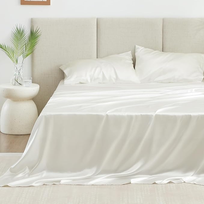 Love's cabin Full Size Satin Sheet Sets - 4 Piece Ivory Silky Sheet Set Full with Deep Pocket, Luxury Silk Feel Bed Sheets Full Bedding Set (1 Flat Sheet,1 Fitted Sheet,2 Pillow Cases)