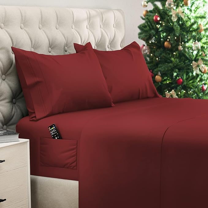 DREAMCARE King Size Sheets Set – 4 pcs Cooling Sheets – up to 21” Deep Pocket King Sheet Set – Hotel Luxury Sheets & Pillowcases – Superior Softness 100% Fine Microfiber with Side Pocket – Burgundy