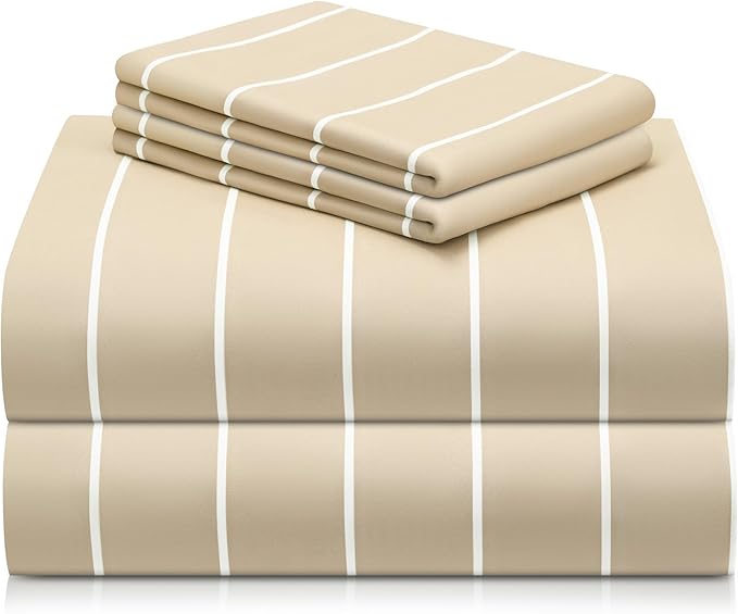 LuxClub 4 PC King Size Sheet Set Bed Sheets, Breathable Luxury Deep Pockets Wrinkle Free Cooling Sheets Machine Washable Hotel Bedding (King, Striped Cream)
