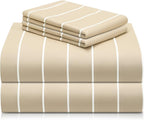 LuxClub 4 PC King Size Sheet Set Bed Sheets, Breathable Luxury Deep Pockets Wrinkle Free Cooling Sheets Machine Washable Hotel Bedding (King, Striped Cream)