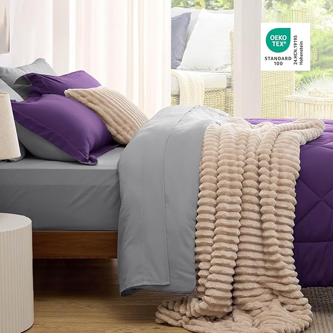 Bedsure Twin Comforter Set - 5 Pieces Reversible Purple Bedding, Twin Size Bed Set for All Seasons, Bed in a Bag with Down Alternative Comforter, Sheets, Pillowcase & Sham
