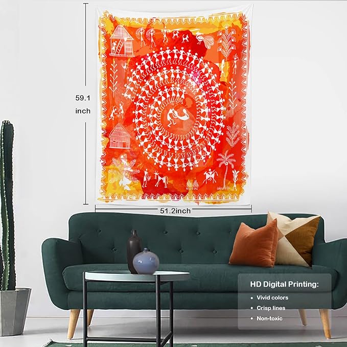 Batmerry Tribal Art Abstract Tapestry, Traditional Ancient Tribal Indian Rural Wall Art Hanging Decoration Polyester Fiber White Ruffled Around for Dorm Room Bedroom Living Room, 59.1x51.2 inches