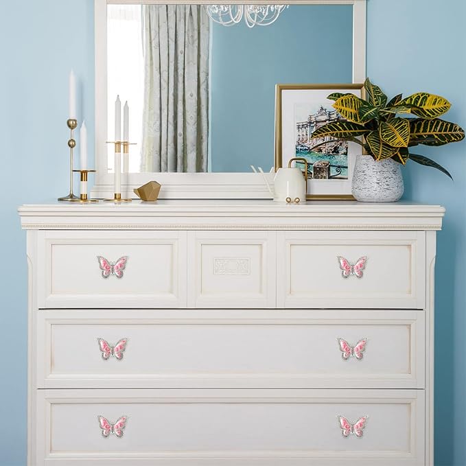 Butterfly Cabinet Knobs,6 Pieces Butterfly Knobs Single Hole Pulls Handles Decorative Door Cabinet Drawer Cupboard Furniture Door Wardrobe (Pink)