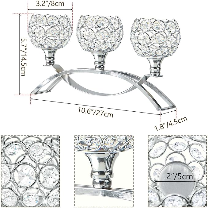 Crystal Tealight Candle Holder Centerpiece Home Decorative Candlestick Holder Elegant Table Centerpiece Home Decor Wedding Party Anniversary (Silver, 3 Arm)