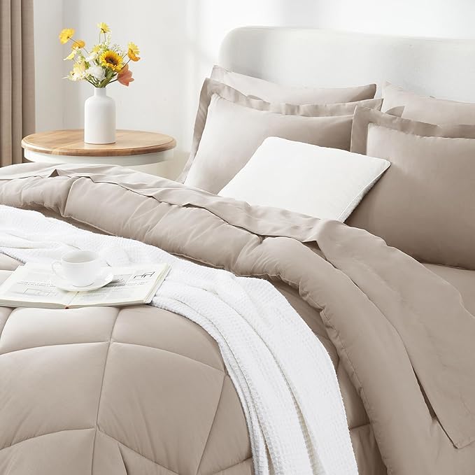 CozyLux Queen Comforter Set Linen - Bed in a Bag Queen Size 7 Pieces, Luxury Soft Bed Set for All Seasons, Bedding Set with Down Alternative Comforter, Sheets, Pillowcases & Shams