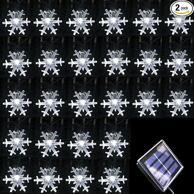 Solar Christmas Snowflake String Lights 36ft 60 LED 8 Modes Solar Fairy Outdoor Waterproof Powered String Lights for Garden Patio Yard Home Christmas Tree Parties(White-Snowflake-60LED)