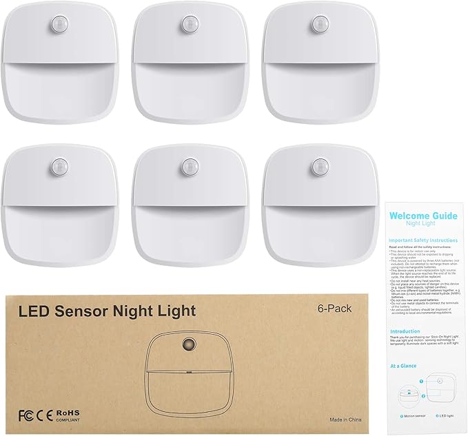 AMIR Upgraded Indoor Motion Sensor Light with PIR Technology - Battery-Powered Wall & Cabinet LED Night Light for Hallway, Bathroom, Kitchen, Stairs (Warm White, 6-Pack)