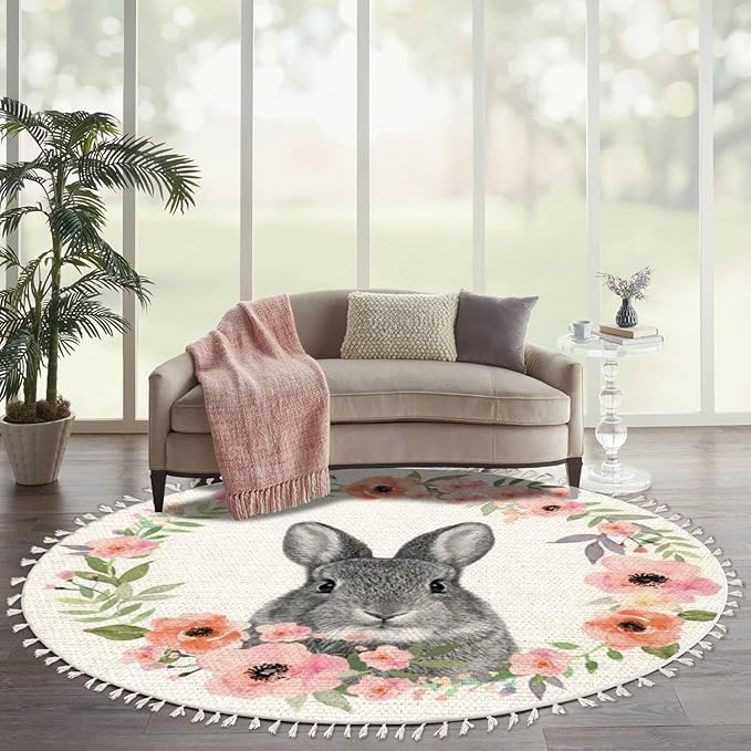 Woodland Animals Round Rugs Flower Crown Rabbit Barn Animal Boho Area Rug in Pastel Color Linen and Cotton Carpet Nursery Rug Washable Hallway Runner Mat Accent Rug for Bedroom Powder Room 6ft