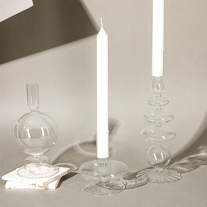 Rtteri 3 Pcs Glass Candlestick Holders Glass Candle Holders Groovy Wavy Elegant Taper Candle Stick for Wedding Home Birthday Party Christmas Halloween Decoration Windowsill Decor(Clear)