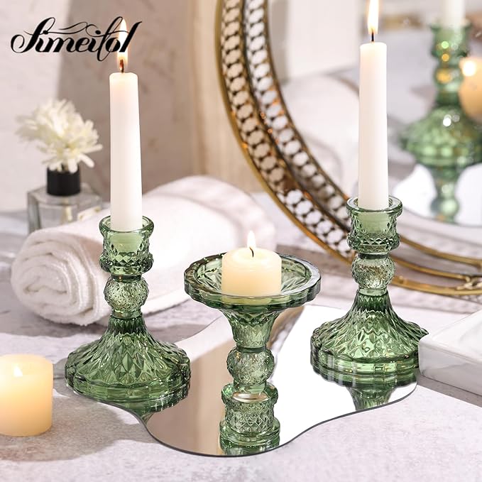 Glass Candle Holder Set of 12, Green Taper Candle Holders Bulk, Vintage Candlestick Holders, Candle Stick Holder for Table Centerpieces, Wedding, Festival & Home Decor