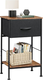 WLIVE Nightstand, End Table with Fabric Storage Drawer and Open Wood Shelf, Bedside Furniture with Steel Frame, Side Table for Bedroom, Dorm, Easy Assembly, Black and Rustic Brown, 25.0" Height