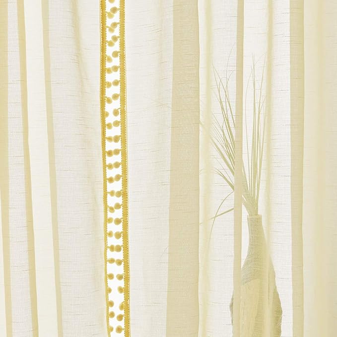 Treatmentex Sheer Curtains for Bedroom Children's Room Yellow 108 inches Long Linen Textured Window Drapes with Cute Pom Pom Tassle 2 Panels 52" w Rod Pocket Header