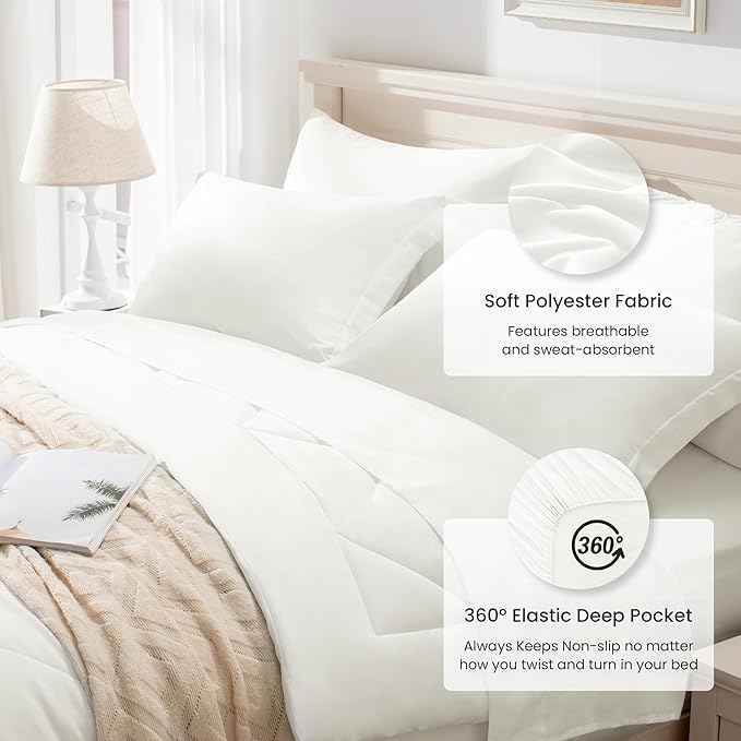Love's cabin Queen Comforter Set Ivory, 7 Pieces Queen Bed in a Bag, All Season Bedding Sets with 1 Comforter, 1 Flat Sheet, 1 Fitted Sheet, 2 Pillowcase and 2 Pillow Sham