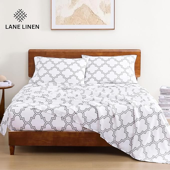 LANE LINEN 100% Organic Cotton Sheets RV Queen, 4-Piece Bed Sheets Short Queen Size Cotton, Luxury Sheets, Percale Weave,Breathable Bed Sheets RV Queen Size Deep Pockets Fits Upto 15"- Trellis Silver
