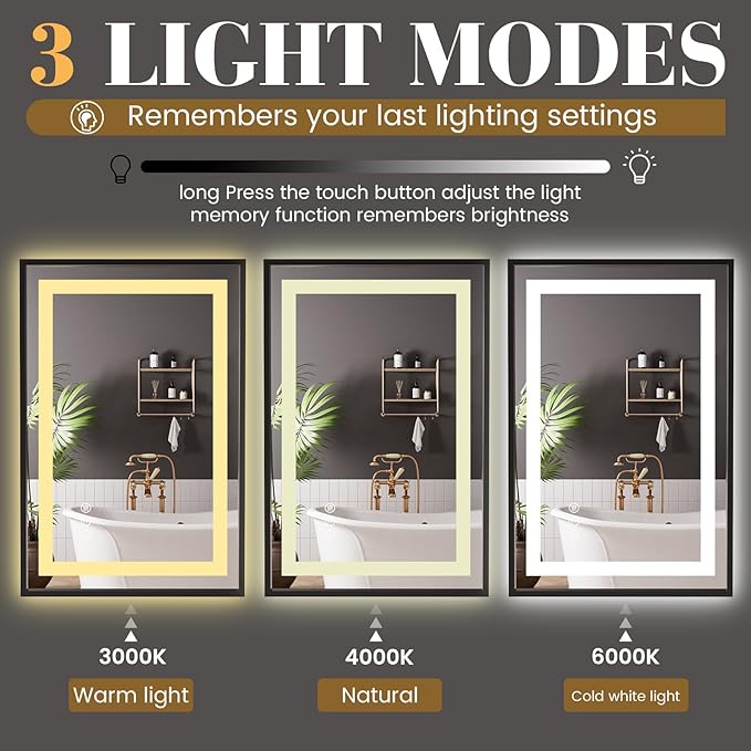 LED Bathroom Mirror,28"x36" Mirror with Black Frame, Front Light and Backlit, Stepless Dimmable, Anti-Fog, Shatter-Proof, Memory, 3 Colors, Double LED Vanity Mirror