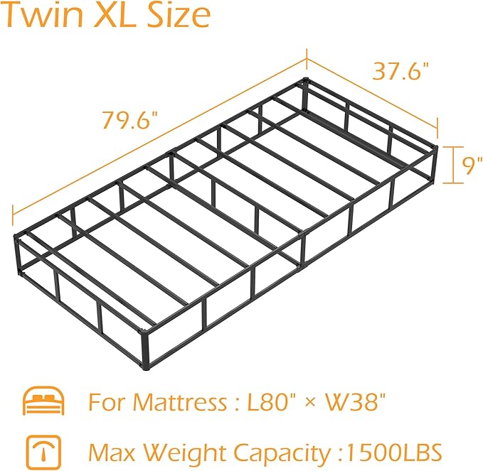 Twin XL Box Spring 9 Inch, Heavy Duty Metal Box Spring Bed Base with Fabric Cover, Mattress Foundation, Easy Assembly, Noise Free, Black