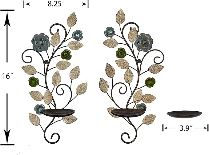 Wall Sconces Candle Holder Set of 2, Antique Multi-Color Leaf Branch Wall Mount Hanging Metal Wall Candle Holder Candle Sconce for Living Room Dining Room