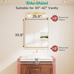 TokeShimi 30x36 Brushed Gold Mirror for Bathroom,Modern Bathroom Vanity Mirror,Tempered Glass,Gold Aluminum Framed Mirror(Horizontal/Vertical)
