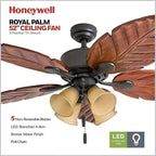 Honeywell Ceiling Fans Royal Palm, 52 Inch Tropical LED Ceiling Fan with Light, Pull Chain, Three Mounting Options, Hand Carved Solid Wood Blades - Model 50504-01 (Aged Brass)