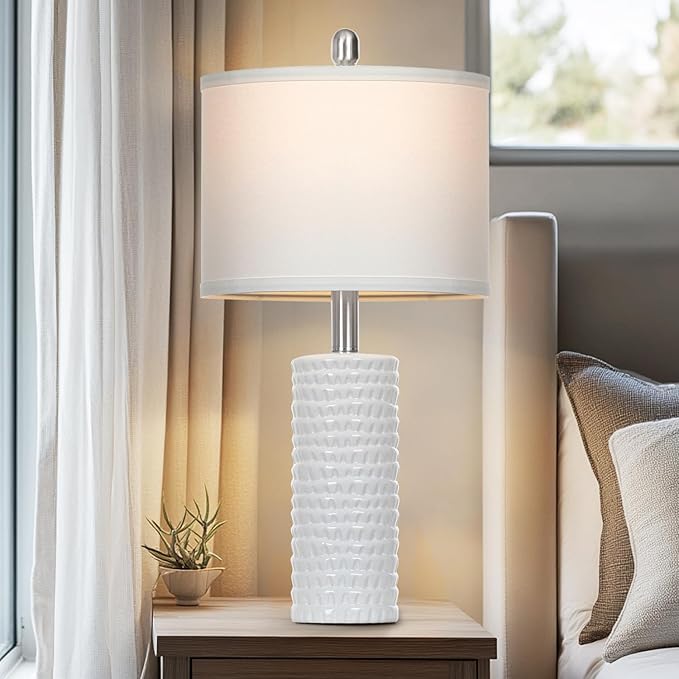 24.5" Modern Ceramic Table Lamps for Living Room ，Farmhouse Nightstand Lamps Set of 2 with White Linen Shade Office Reading Lamp ，Bedroom Lamps for Bedside End Table, Bedroom, Living Room, White