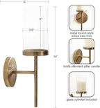 Kate and Laurel Blaise Transitional Metal Wall Sconce; 5 x 6 x 14; Antique Brass; Modern Round Candle Holder with Removable Glass Cylinder for Flameless Candles